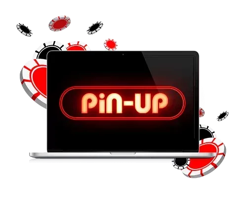Laptop with a glowing neon Pin-Up sign surrounded by red and white casino chips